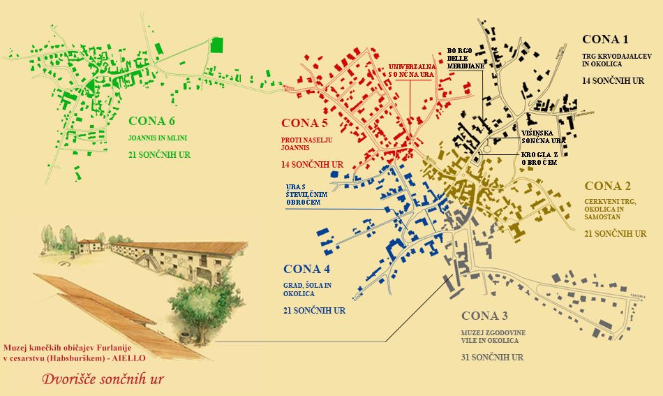 Zemljevid Aiello del Friuli razdeljen v 6 geografskih